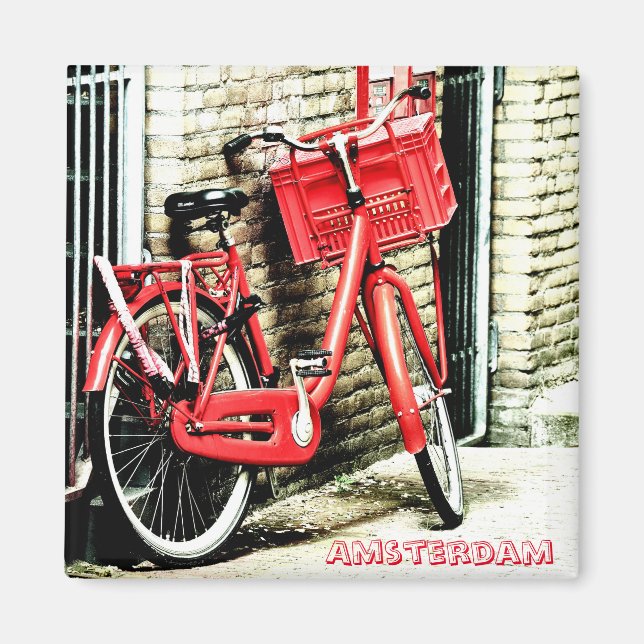 Amsterdam - Red Bicycle, Holland (Fridge Magnet) Magnet (Front)