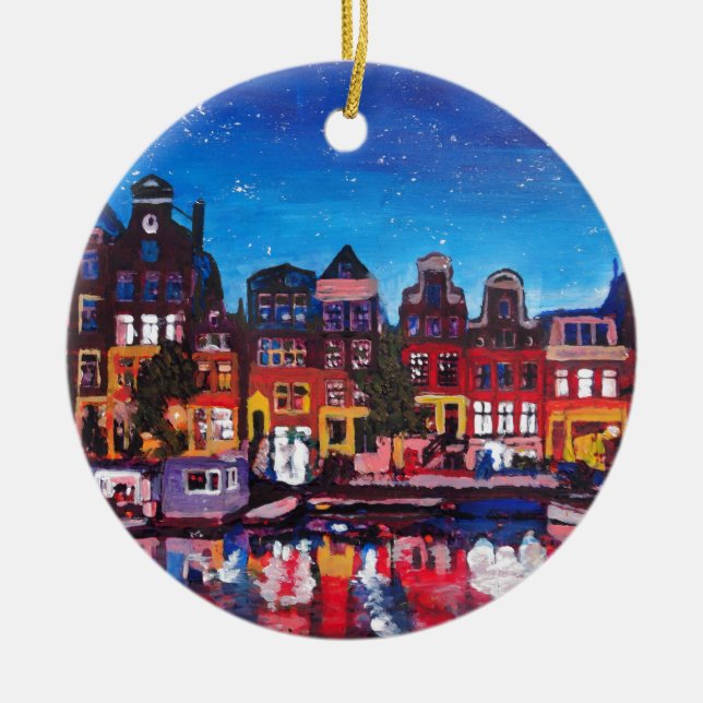 Amsterdam Skyline With Canal At Night Ceramic Ornament (Front)