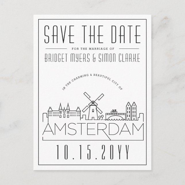 Amsterdam | Stylised Skyline Save the Date Postcard (Front)