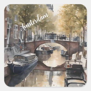 Amsterdam watercolor painting square sticker