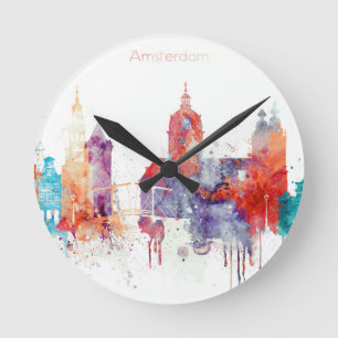 Amsterdam watercolor skyline round clock