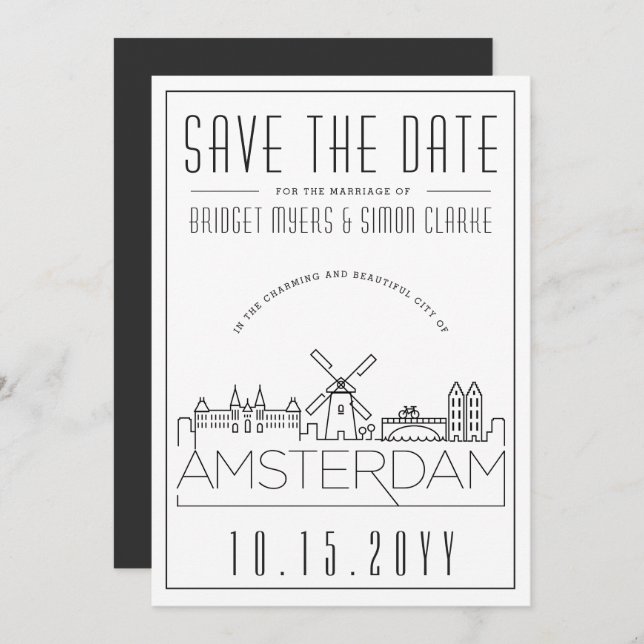 Amsterdam Wedding Stylised Skyline Save the Date Invitation (Front/Back)