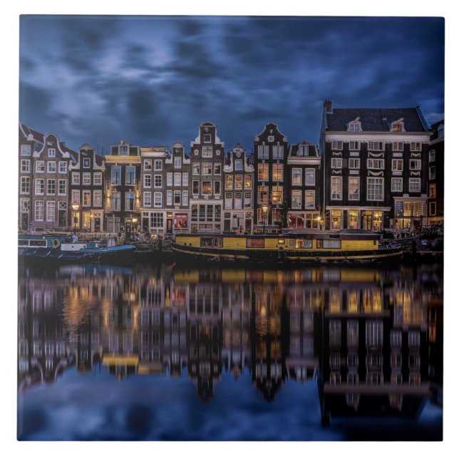 Amsterdam with Canals at Dusk Ceramic Tile (Front)