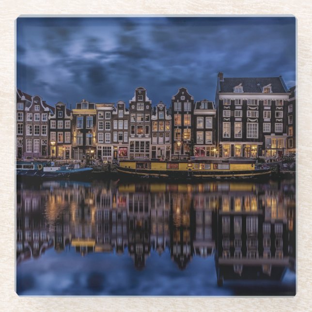 Amsterdam with Canals at Dusk Glass Coaster (Front)