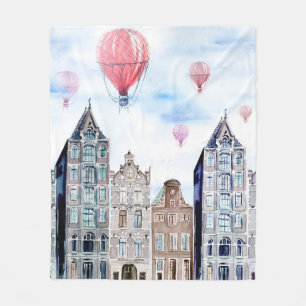 Amsterdam with hot air balloon fleece blanket