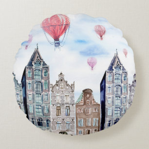 Amsterdam with hot air balloon round cushion