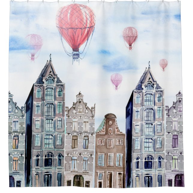 Amsterdam with hot air balloon shower curtain (Front)