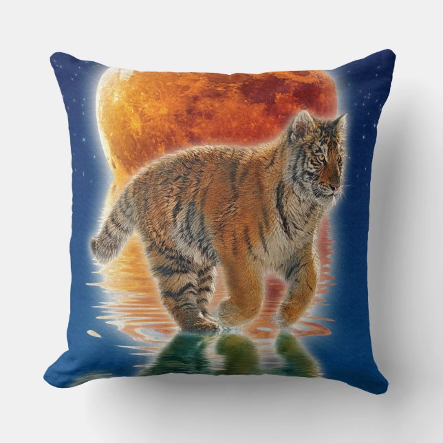 Amur Tiger Cub & Moon Wildlife Fantasy Art Cushion (Front)