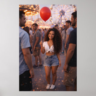 Amusement Park Beauty with Red Balloon Poster