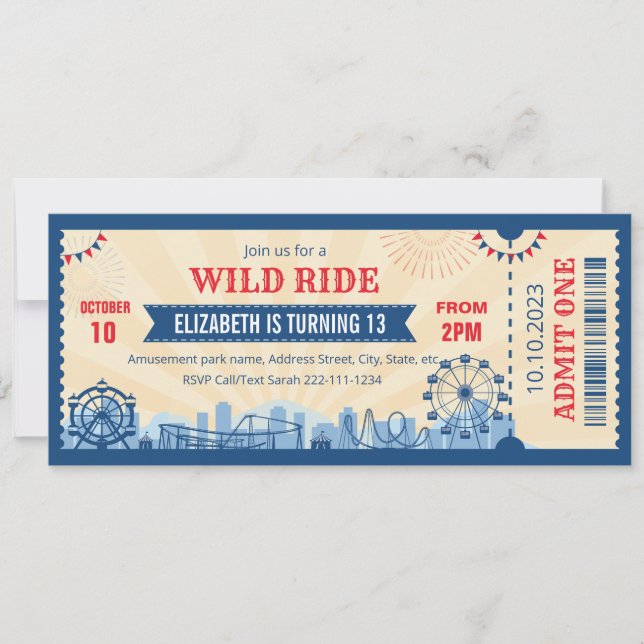 Amusement park birthday invitation ticket  (Front)