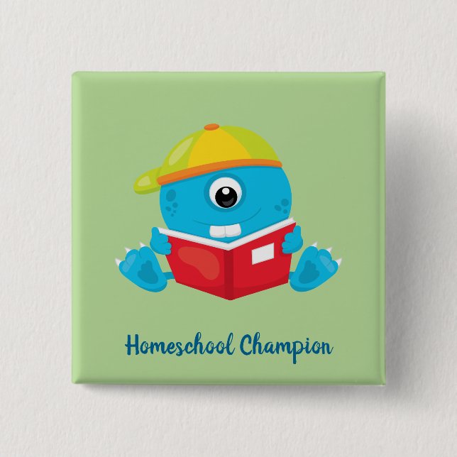Amusing blue homeschool monster theme 15 cm square badge (Front)