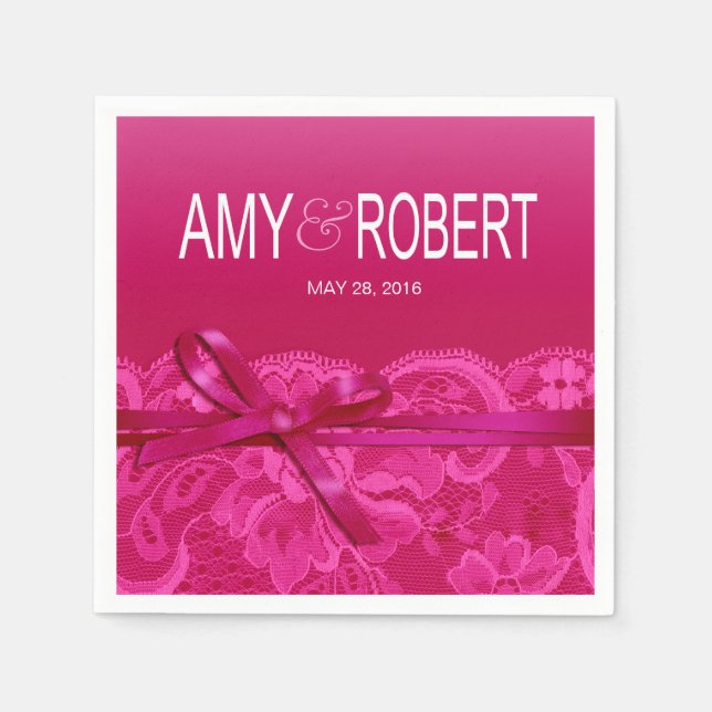 Amy Bows Ribbon & Lace Wedding fuschia Napkin (Front)