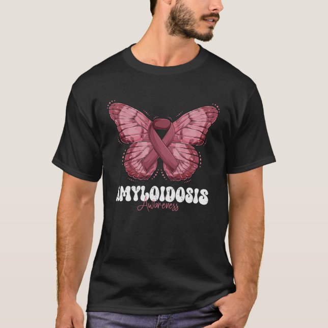 Amyloidosis Awareness Month Burgundy Ribbon Butter T-Shirt (Front)