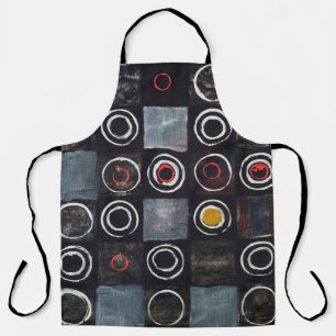 An abstract painting; a grid of stamped circles on apron