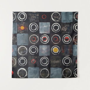 An abstract painting; a grid of stamped circles on tapestry