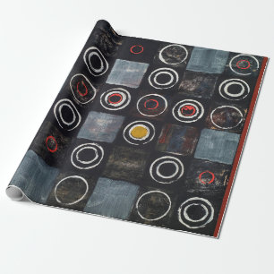 An abstract painting; a grid of stamped circles on wrapping paper