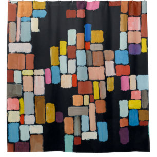 An abstract painting; geometric shapes in an irreg shower curtain