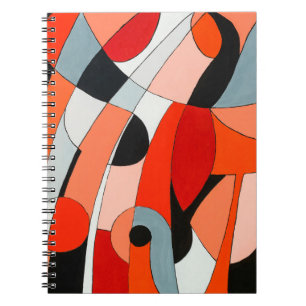 An abstract painting of curved black, white and re notebook