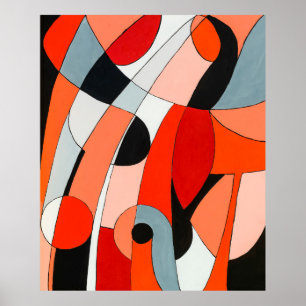 An abstract painting of curved black, white and re poster
