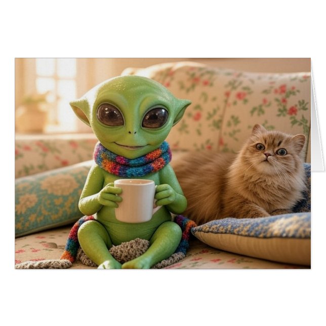 An adorable alien and pet cat coffee on the couch (Front Horizontal)