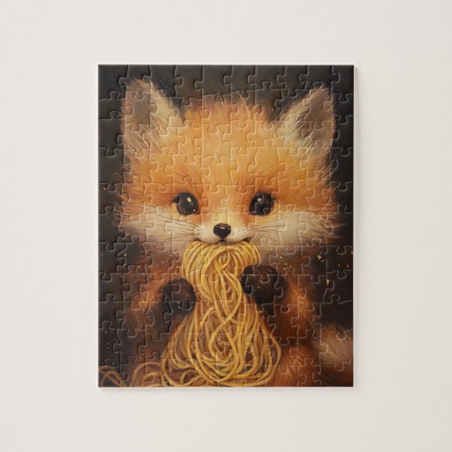 An adorable baby red fox eating spaghetti jigsaw puzzle (Vertical)