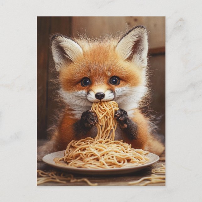 An adorable baby red fox eating spaghetti postcard (Front)