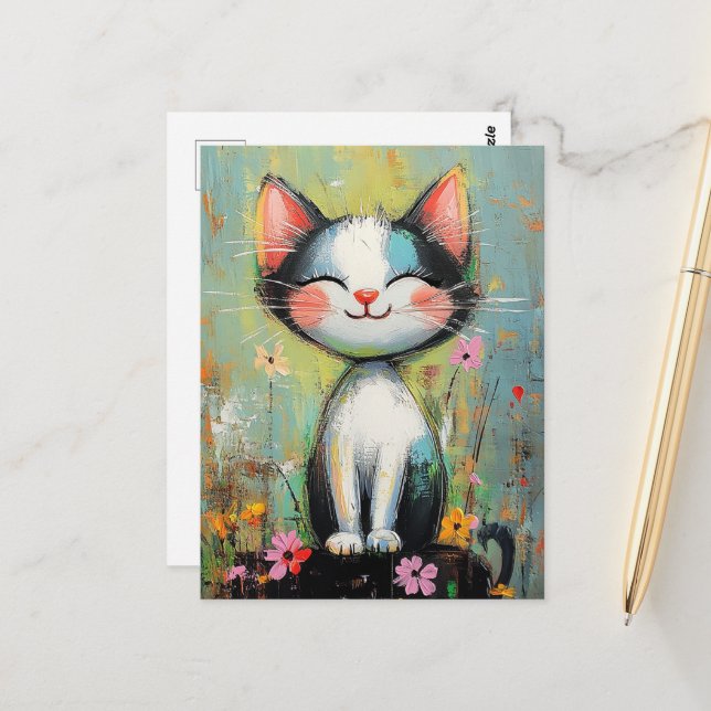 An adorable cat and Flowers Postcard (Front/Back In Situ)