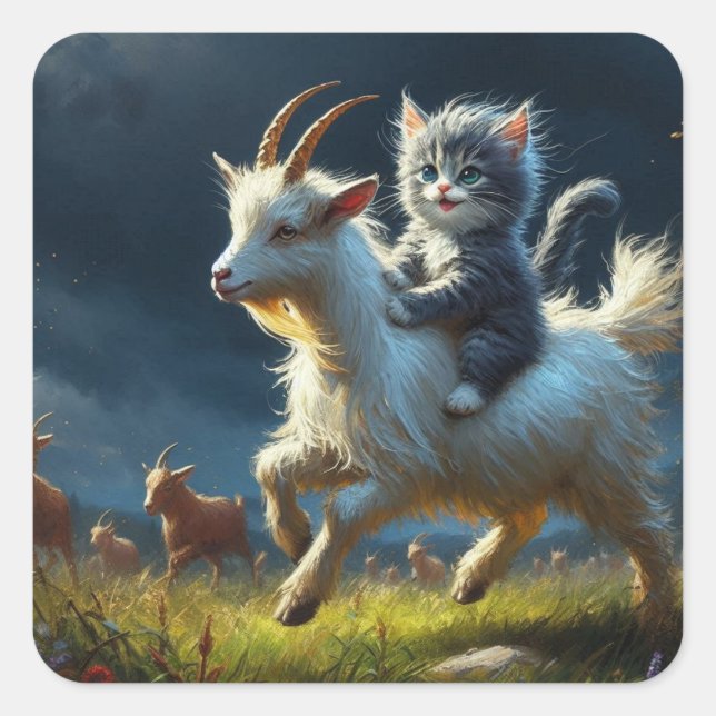 An adorable cat riding a goat square sticker (Front)