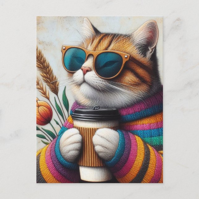 An Adorable Cat With A Coffee Postcard (Front)