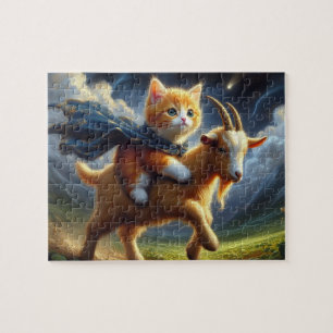 An adorable ginger kitten riding a goat jigsaw puzzle
