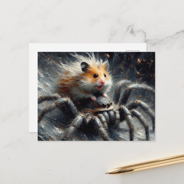 An adorable hamster riding a giant spider postcard (Front/Back In Situ)