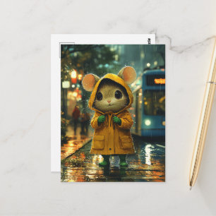 An Adorable Mouse in a Yellow Rainsuit in the rain Postcard