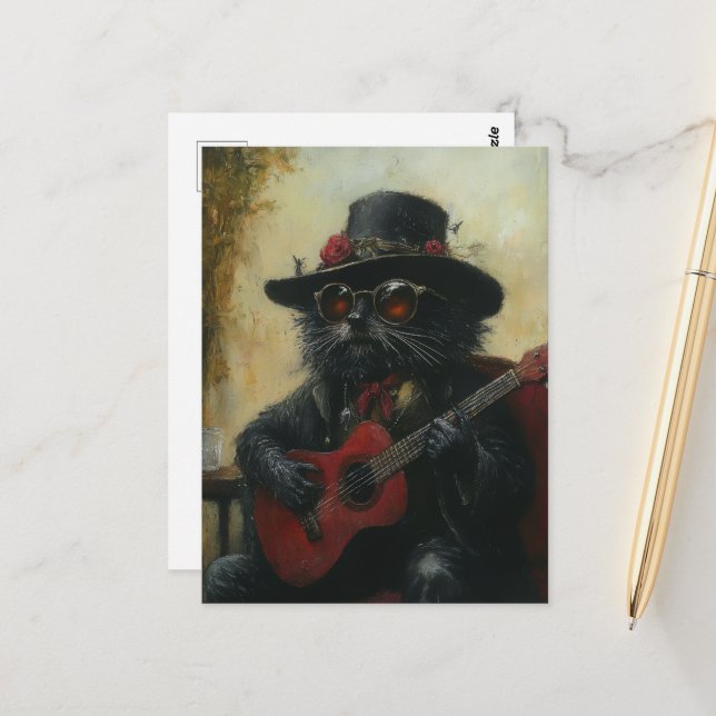 An Adorable Musical Black Kitty Postcard (Front/Back In Situ)