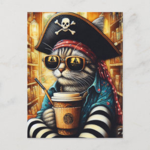 An Adorable Pirate Cat With A Coffee Postcard