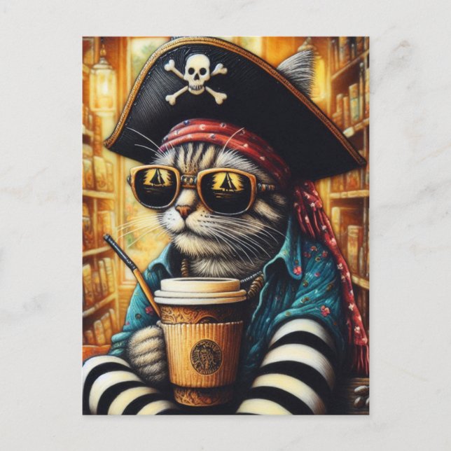 An Adorable Pirate Cat With A Coffee Postcard (Front)