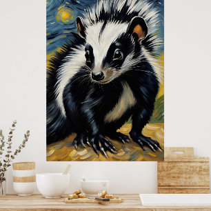 an adorable skunk in a starry night poster