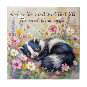 An Adorable Skunk Napping in Flowers and Quote Ceramic Tile