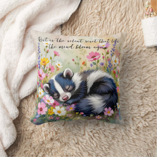 An Adorable Skunk Napping in Flowers and Quote Cushion