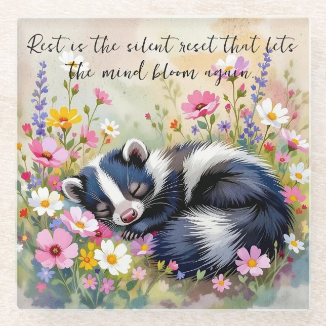 An Adorable Skunk Napping in Flowers and Quote Glass Coaster (Front)
