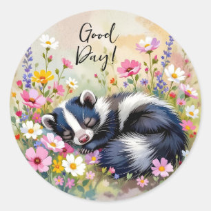 An Adorable Skunk Napping in Flowers Good Day Classic Round Sticker