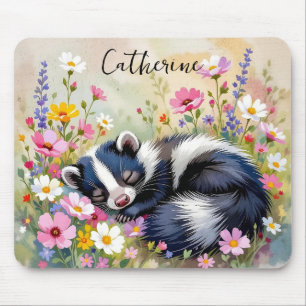 An Adorable Skunk Napping in Flowers Personalised Mouse Pad