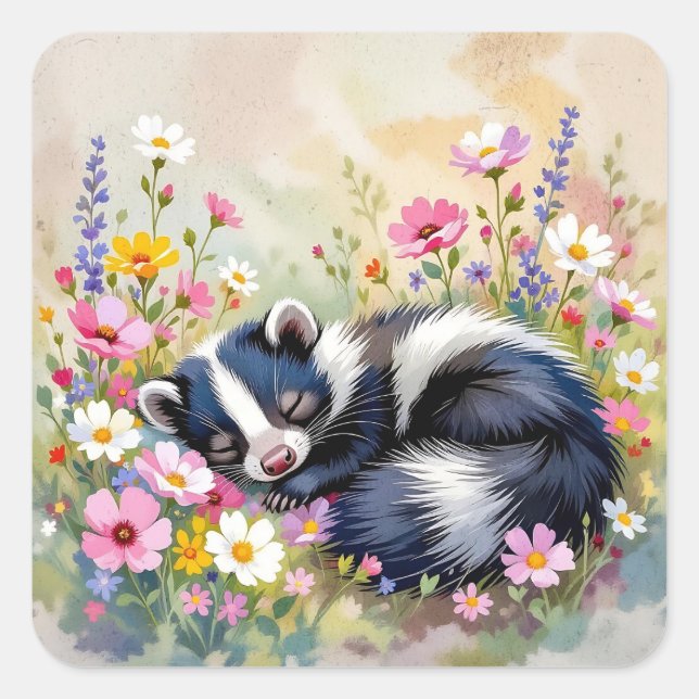 An Adorable Skunk Napping in Flowers Square Sticker (Front)