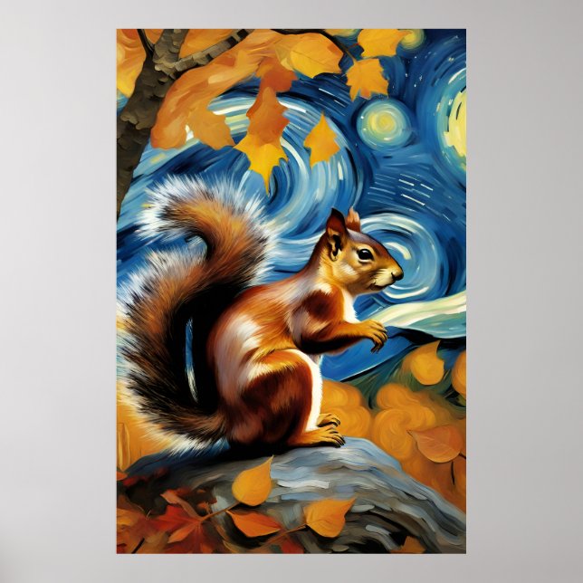 an adorable squirrel in a starry night  postcard poster (Front)