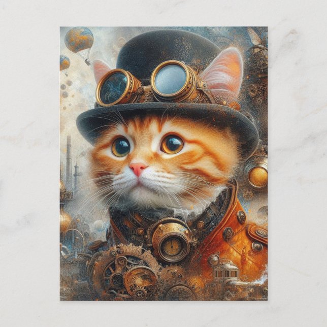 an adorable steampunk cat postcard (Front)