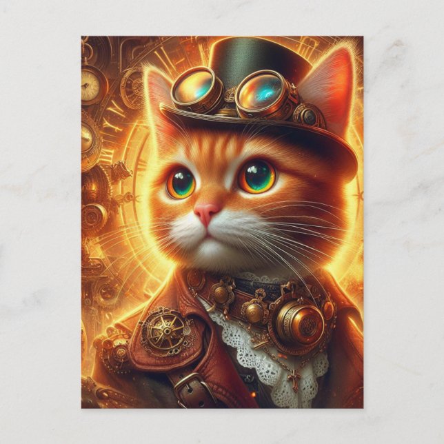 an adorable steampunk ginger cat postcard (Front)