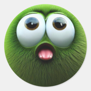 An adorable surprised fuzzy green ball character classic round sticker