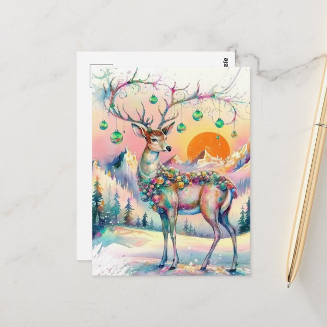 An Adorable Watercolor Christmas Deer Postcard (Front/Back In Situ)