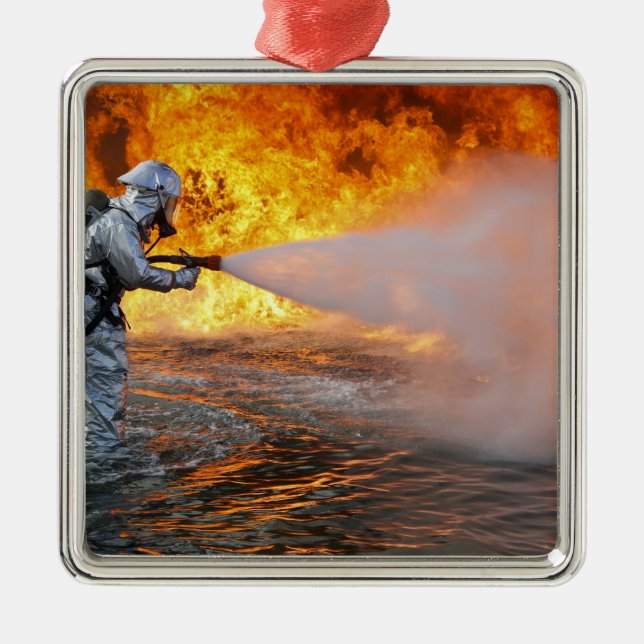 An aircraft rescue firefighting team metal ornament (Front)