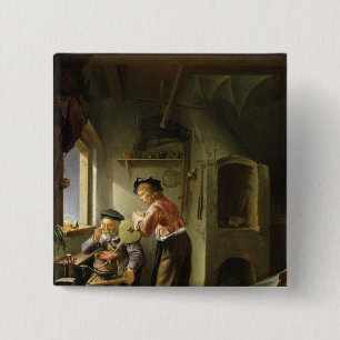 An Alchemist and his Assistant in their Workshop 15 Cm Square Badge