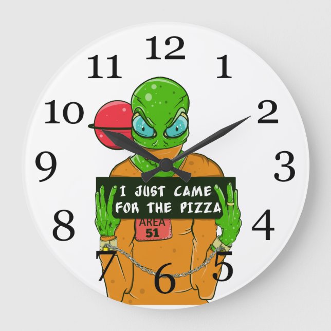 An alien who loves pizza large clock (Front)